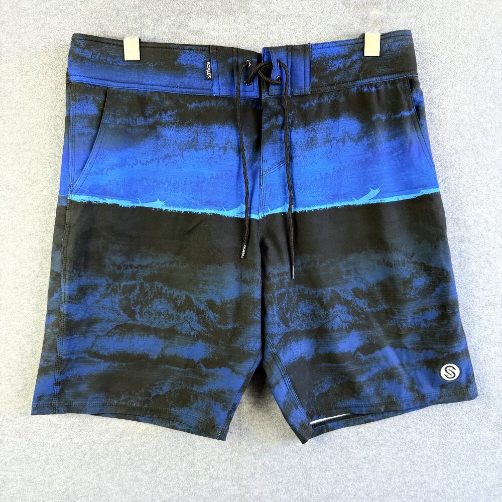 Scales First Mates Blue‑Black Hybrid Stretch Boardshorts – 36 Waist